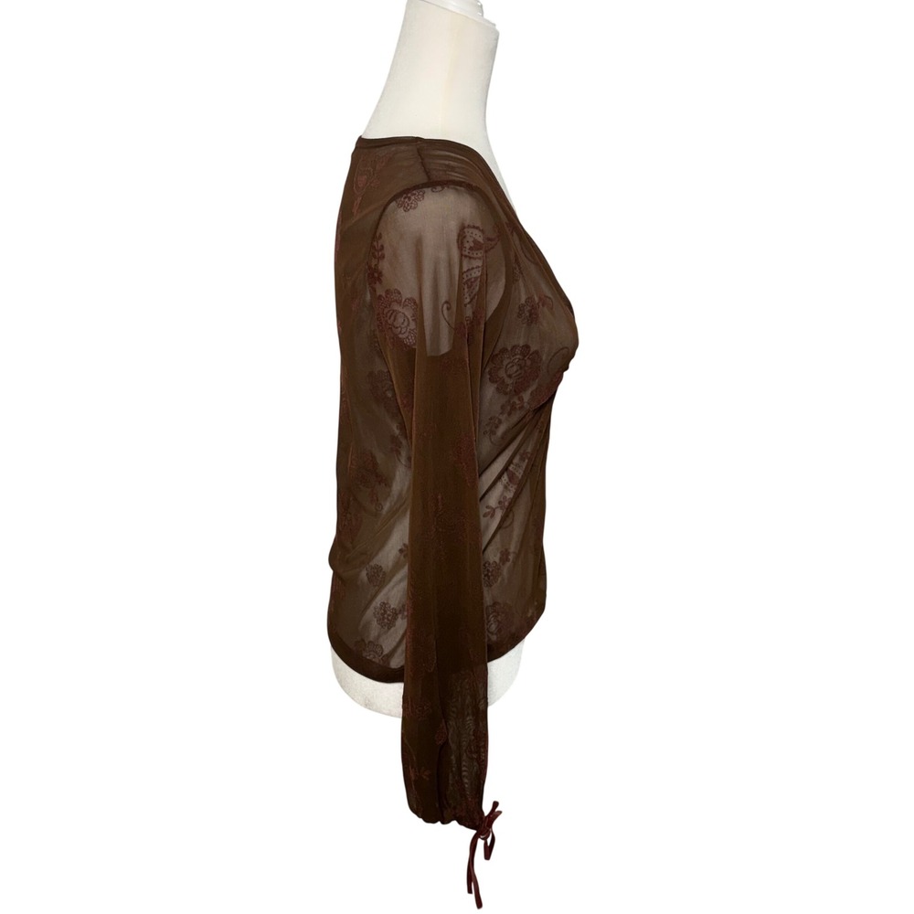 Y2K Wet Seal Brown Sheer Mesh Paisley Floral Tie Cuff Top L Fairy Ethereal - Picture 5 of 10